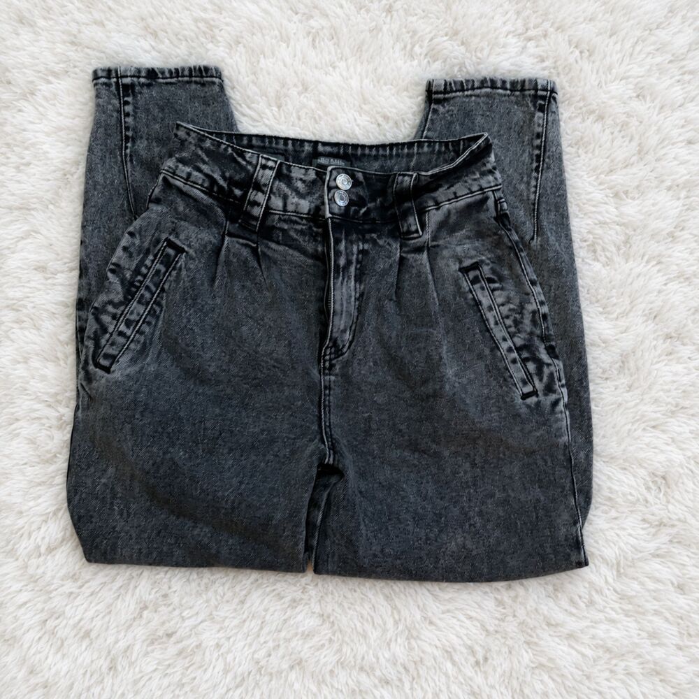 Black Acid Wash High Rise Pleated Jeans